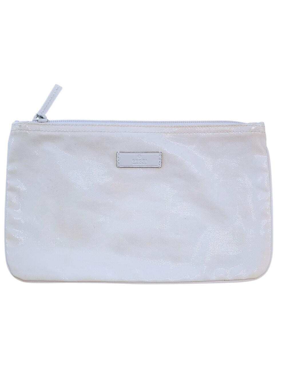 Authentic Gucci Off-White GG Crystal Coated Canvas Zip Pouch Cosmetic Clutch